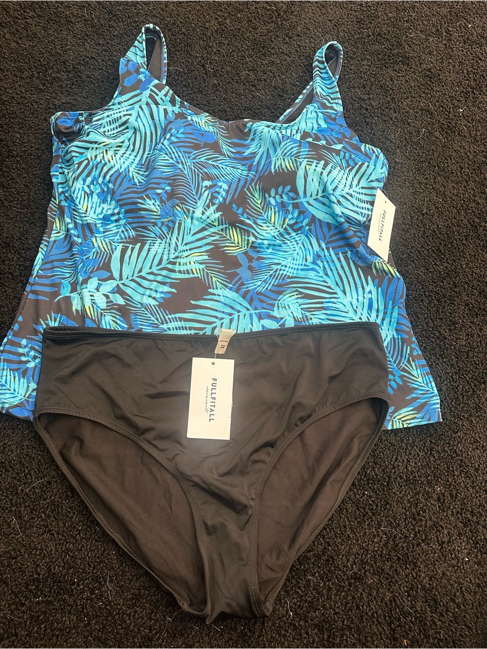 Plus size Blue Tropical Print Tankini Set with Black Brief